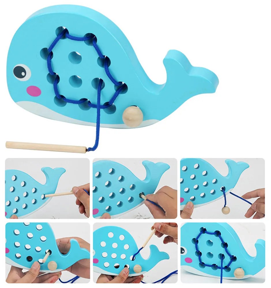 Jucărie din lemn în formă de balenă cu șireturi