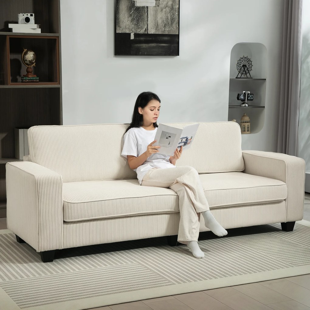 HOMCOM Canapea cu 3 Locuri cu Husă de Cord, Canapea de Sufragerie cu Arc de Înaltă Calitate, până la 400 kg, 227 x 84 x 87 cm, Crem | Aosom Romania