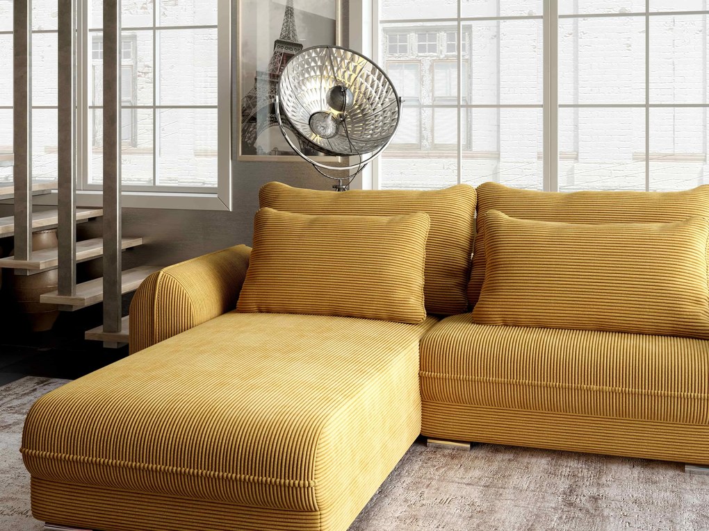 Colțar extensibil dumonde cu ladă de depozitare si sezut confortabil din spuma high-density, Denver Zoom Mustar 275x185 cm