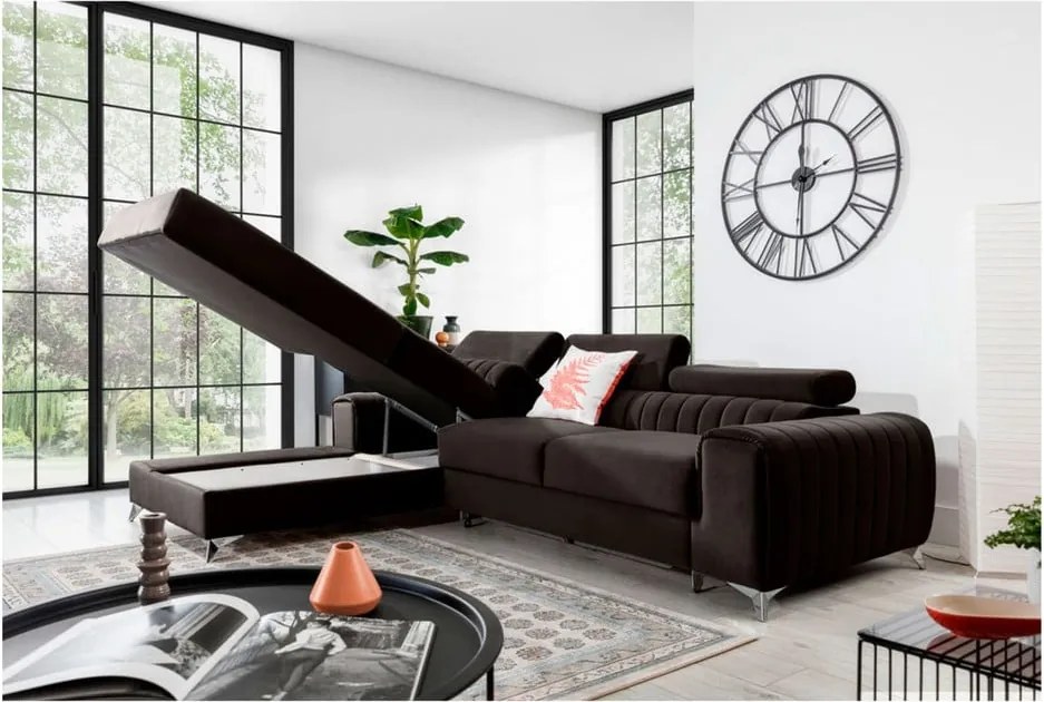 Colțar maro închis extensibil/cu spațiu de depozitare cu tapițerie din catifea (cu colț pe partea stângă/cu șezlong) Grayson – ELTAP