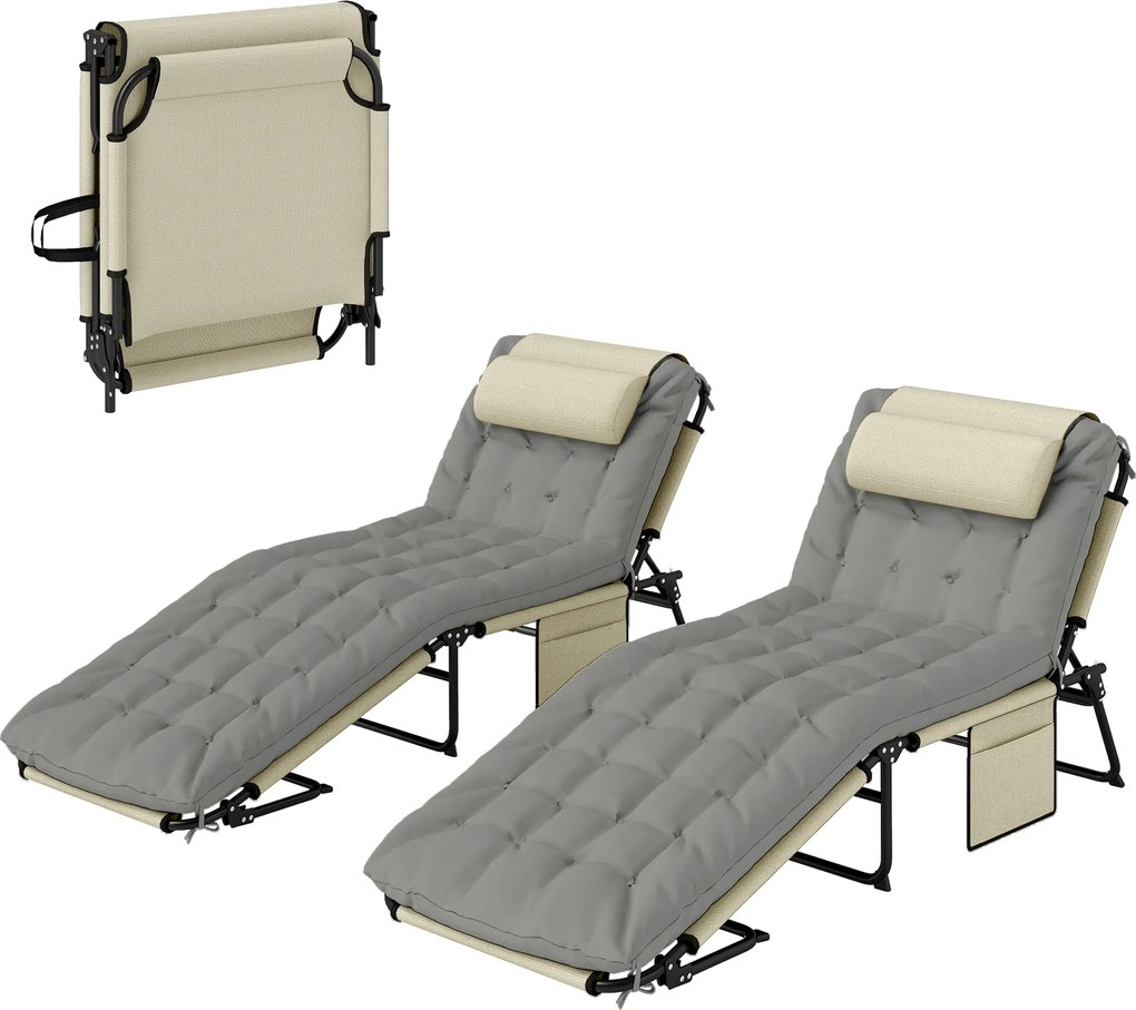 Outsunny Set de 2 șezlonguri pliabile cu spătar reglabil în 4 poziții - suport pentru cap și saltea groasă crem | Aosom Romania