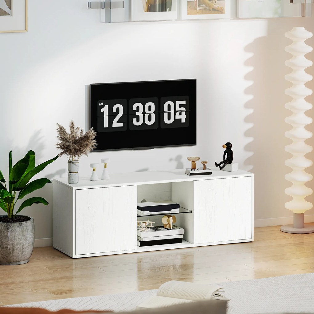HOMCOM Mobilier Porta TV până la 55", Mobilier TV Suspendat sau pe Podea de 120 cm cu Uși Soft Close, Orificiu pentru Cabluri și Raft din Sticlă, pentru Sufragerie și Salon, Alb Efect Lemn | Aosom Romania