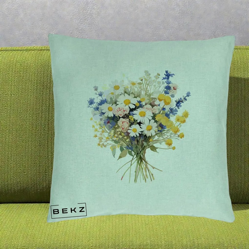 Perna Decorativa Buchet Camp Acuarela Margarete-Lavanda, 40x40 cm, Verde Menta, Husa Detasabila, Perna Inclusa, BEKZ®
