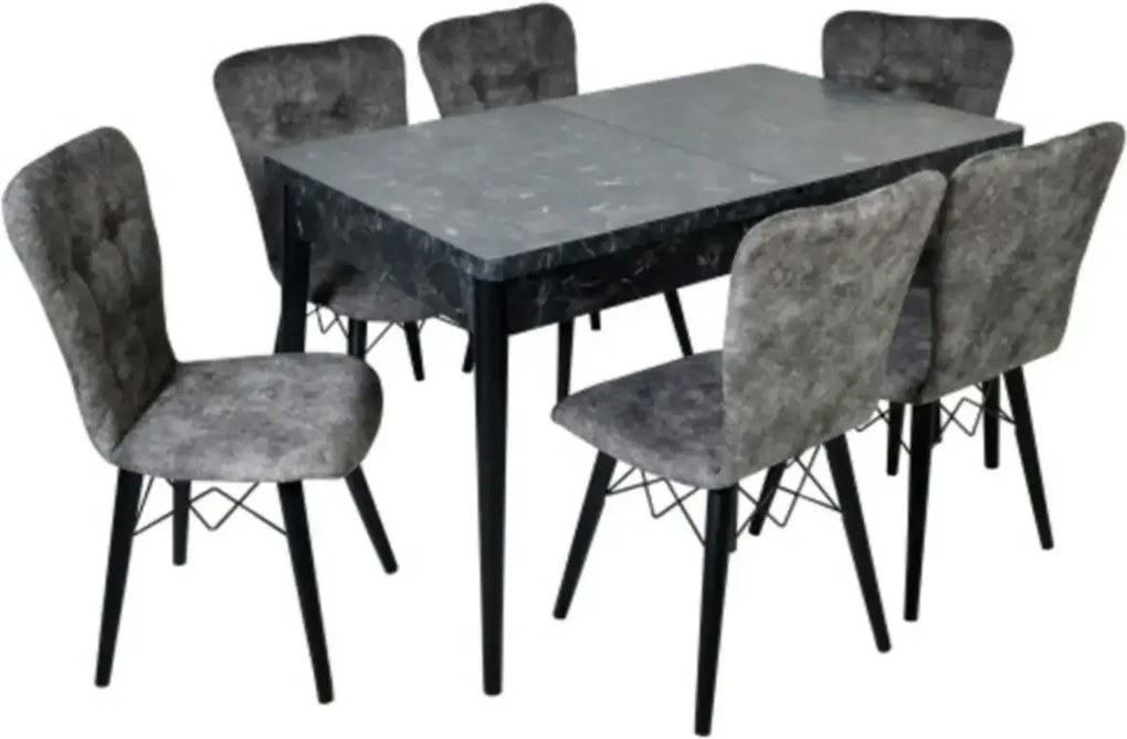 Set masa extensibila cu 6 scaune tapitate Homs cristal  negru-verde 170 x 80 cm