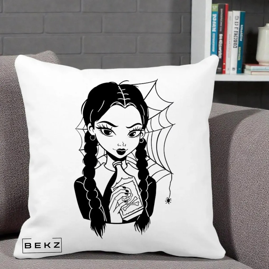 Perna Personalizata Wednesday cu Panza de Paianjen, 40x40 cm, Alba Mata, Husa Detasabila, Perna Inclusa, BEKZ®