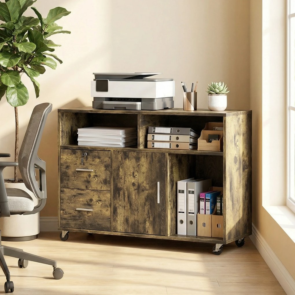 HOMCOM Dulap pentru Imprimantă pe Roți cu 2 Sertare, Încuietoare cu Cheie, 3 Rafturi și Dulap, pentru Documente de Birou și Studiu, 100x35x65 cm, Maro Rustic | Aosom Romania