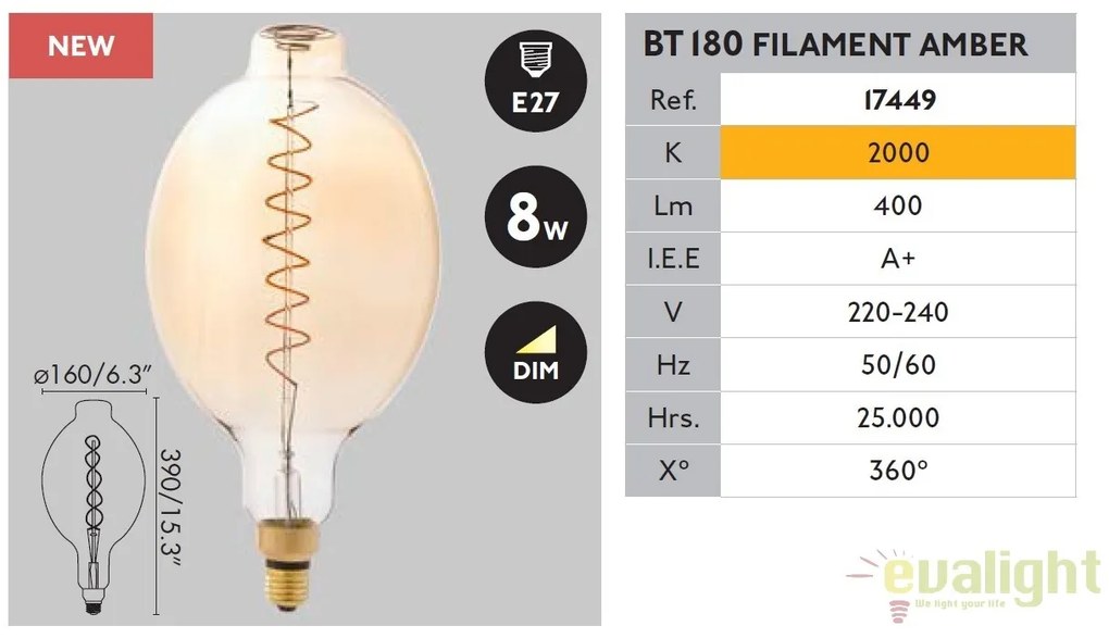 BEC filament LED dimabil decorativ 8W E27 BT180 2000K lumina calda AMBER 17449