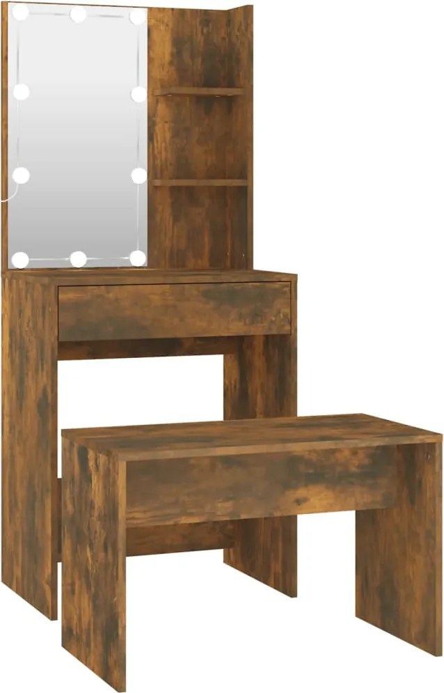 vidaXL Set măsuță de toaletă cu LED, stejar afumat, lemn prelucrat