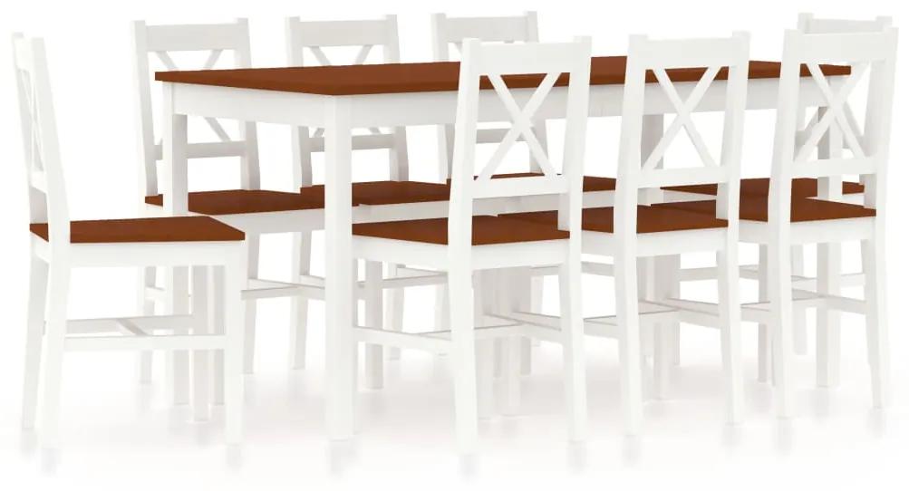 283384 vidaXL Set mobilier de bucătărie, 9 piese, alb și maro, lemn de pin