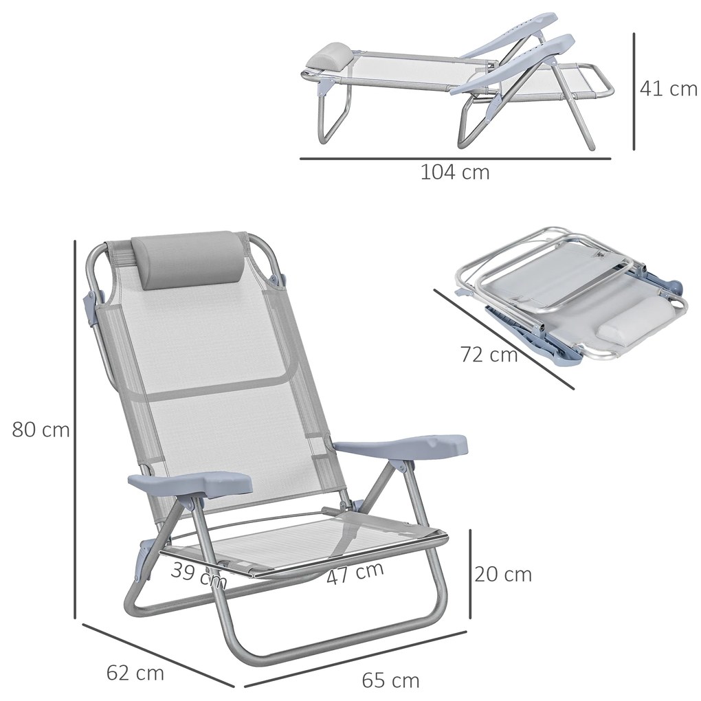 Outsunny Set 2 Scaune de Camping Pliabile cu Tetieră Căptușită și Spătar Reglabil în 6 Poziții, 62x65x80 cm, Gri Deschis | Aosom Romania