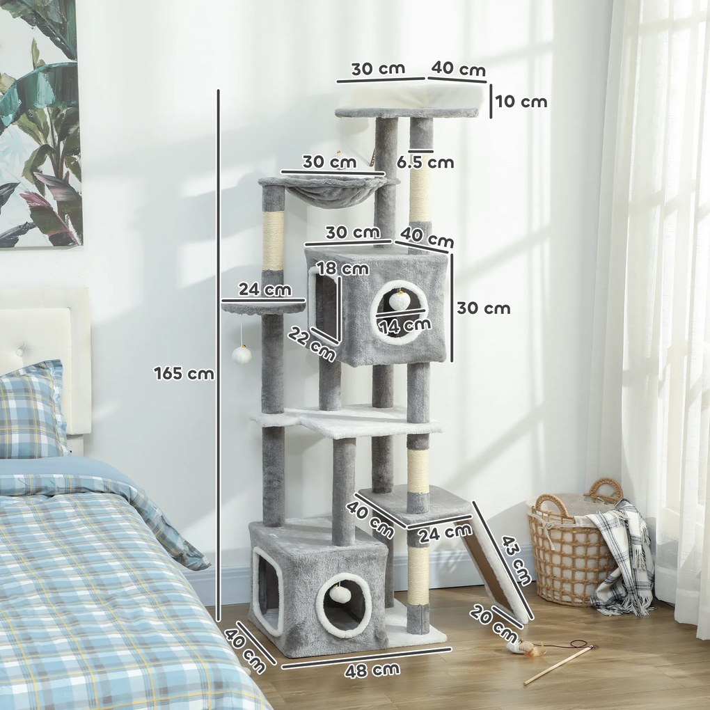 PawHut Arborele pentru Pisici cu Căsuțe, Rampe, Stinghie și 4 Mingi, Gri | Aosom Romania