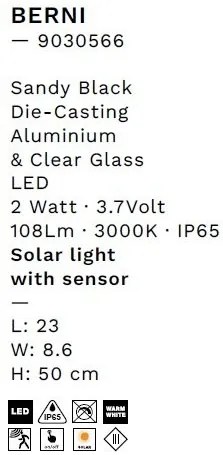 Stalp LED solar iluminat exterior cu senzor de miscare IP65 BERNI H-50cm