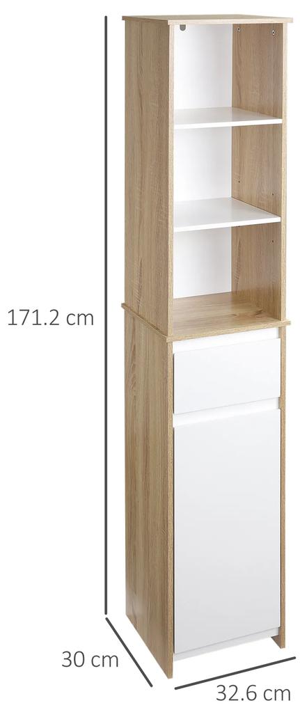 kleankin Dulap pentru baie, de dimensiuni reduse, din lemn, dulap coloana cu rafturi, dulap si sertare, alb, 32.6x30x171.2cm