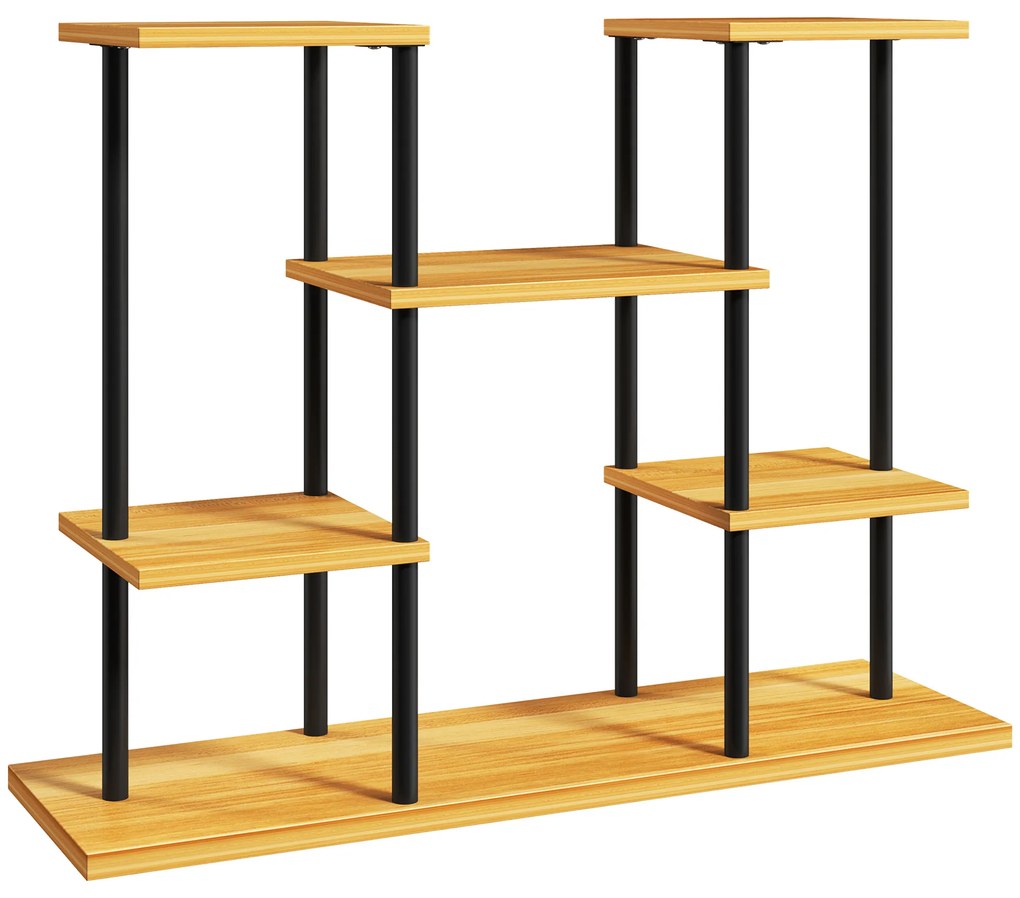 Outsunny Suport plante interior etajeră plantă cu 6 nivele cadru din oțel bază lemn masiv 80 x 24 x 61,5 cm lemn natural | Aosom Romania