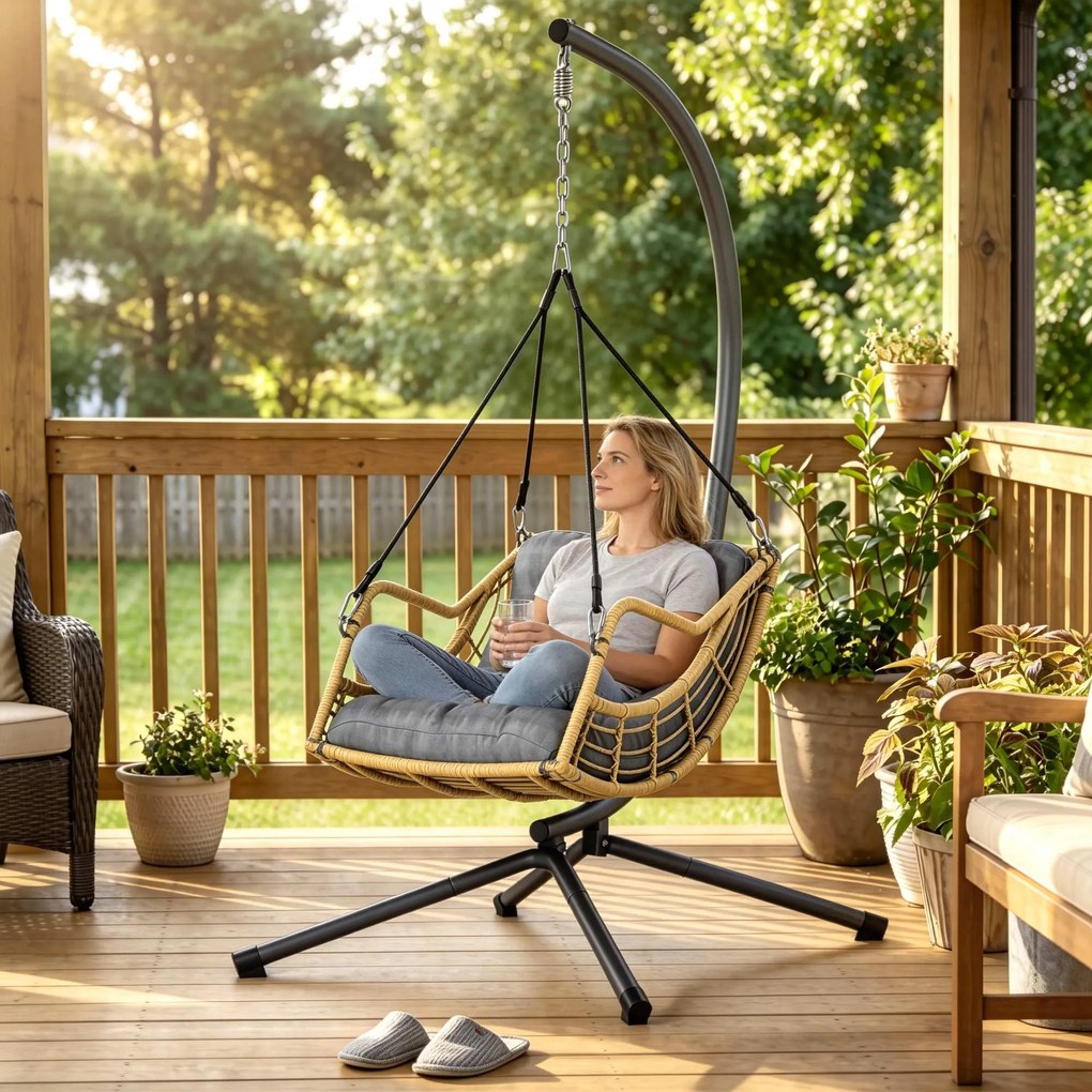 Outsunny Fotoliu suspendat din rășină împletită cu suport, scaun suspendat, pernă, prindere de siguranță, înălțime reglabilă, gri | Aosom Romania