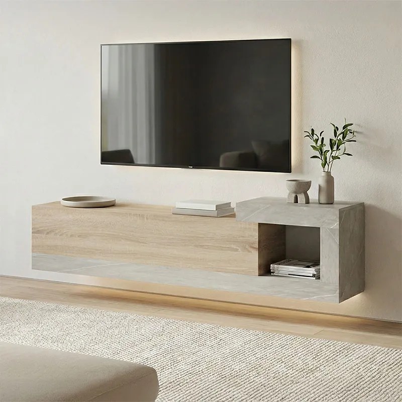 Comoda TV suspendata Flatera, finisaj sonoma-marmura gri-bej, 150 x 29.5 x 38.5 cm