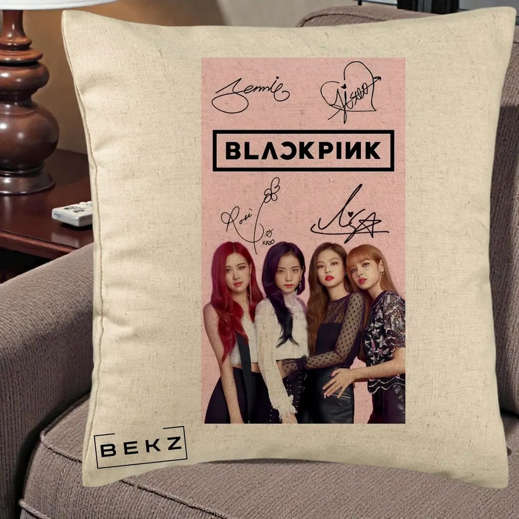Perna Personalizata K-pop BLACKPINK Semnaturi si Foto, 40x40 cm, Bej, Husa Detasabila, Perna Inclusa, BEKZ®