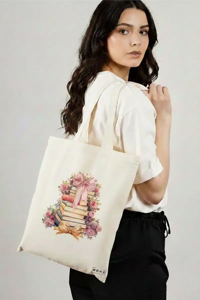 Sacosa de Panza pentru Cumparaturi, Geanta Tote, model Books 43 38 x 34.5 cm, Alba, BEKZ®