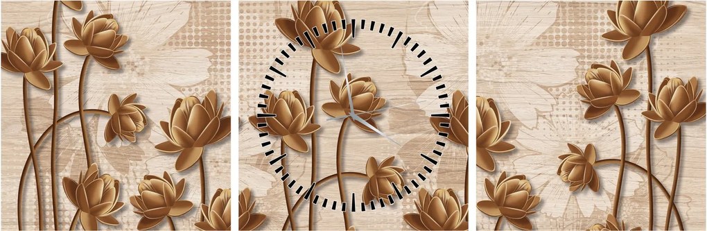 Tablou cu abstracția florilor - maro (cu ceas) (90x30 cm)