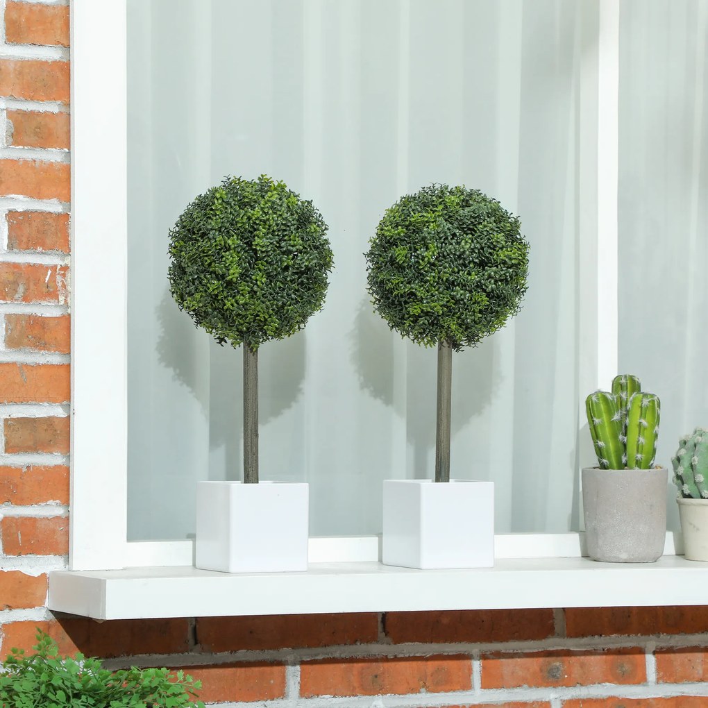 HOMCOM Set 2 mingi buxus artificial formate, 45cm plantă artificială, Plastik Plante Artificiale în Ghiveci | Aosom Romania