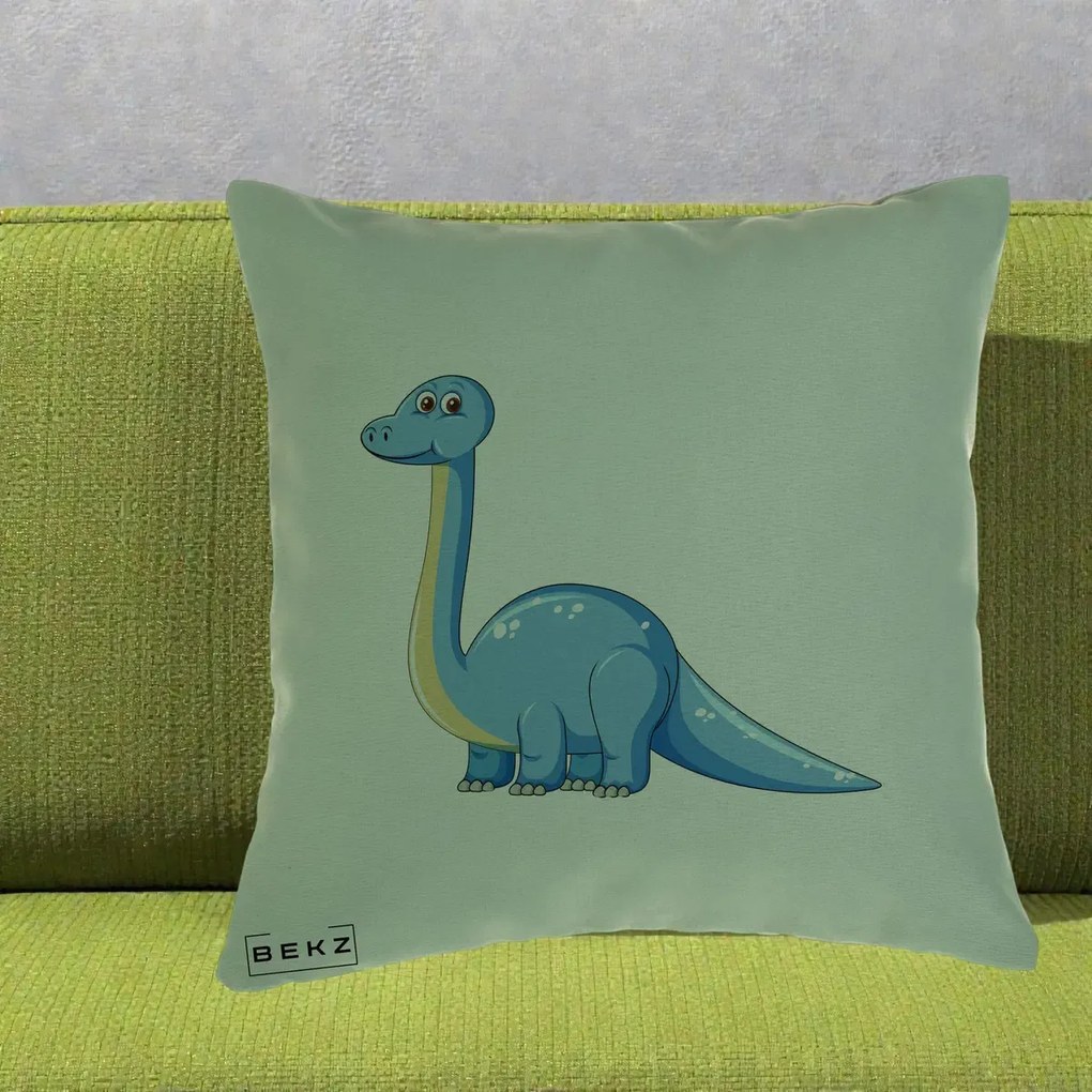 Perna Personalizata Brontosaur Albastru, 40x40 cm, Verde, Husa Detasabila, Perna Inclusa, BEKZ®