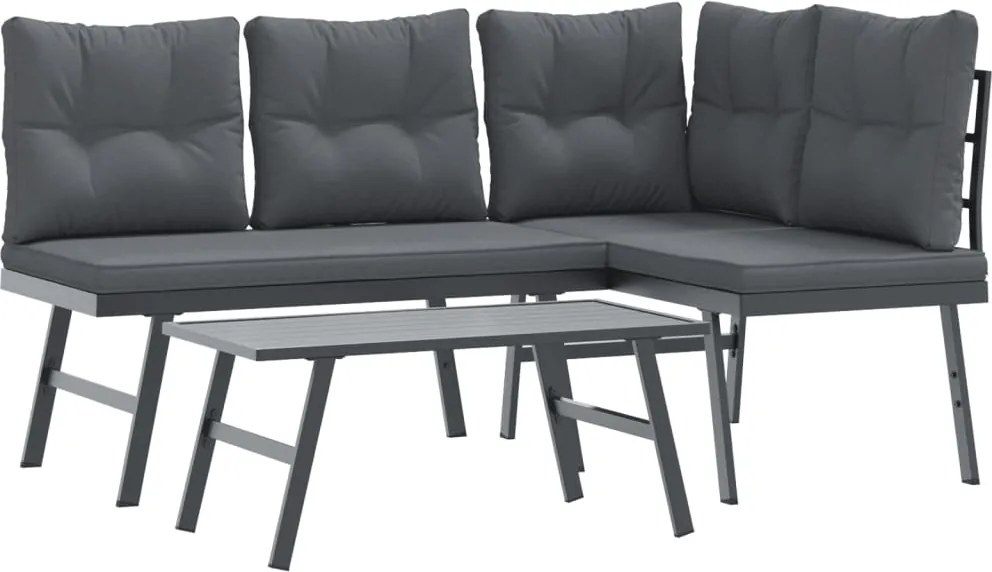 vidaXL Bănci de grădină cu perne 3 buc negru oțel vopsit electrostatic