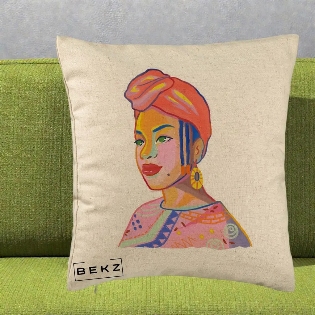 Perna Decorativa Portret Femeie Africana, 40x40 cm, Bej, Husa Detasabila, Perna Inclusa, BEKZ®