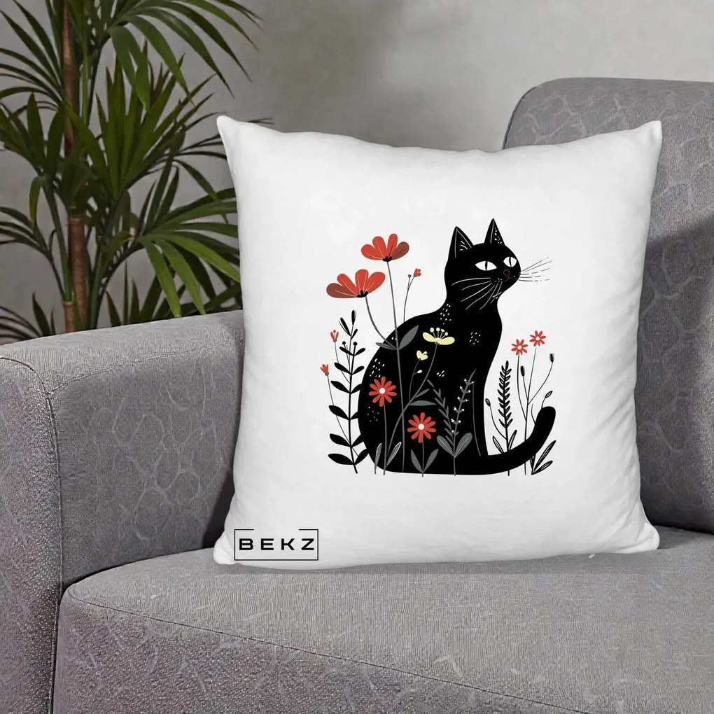 Perna Decorativa Pisica Neagra Flori Rosii Folk, 40x40 cm, Alb Pufos, Husa Detasabila, Perna Inclusa, BEKZ®