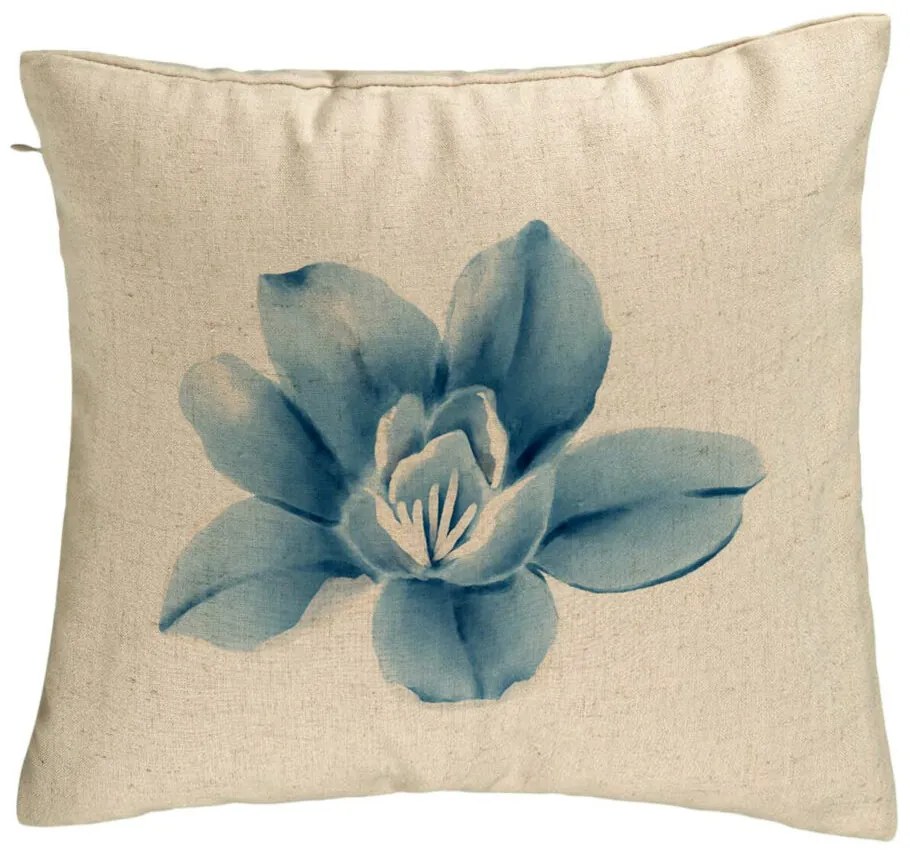 Perna Decorativa, Model Florale Blue Flower, 40x40 cm, Bej, Husa Detasabila, Burduf