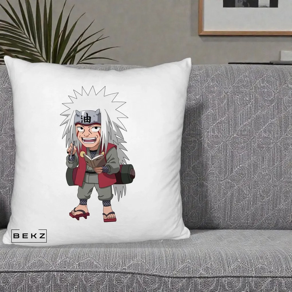 Perna Personalizata Naruto Jiraiya Sensei Chibi, 40x40 cm, Alb Pufos, Husa Detasabila, Perna Inclusa, BEKZ®