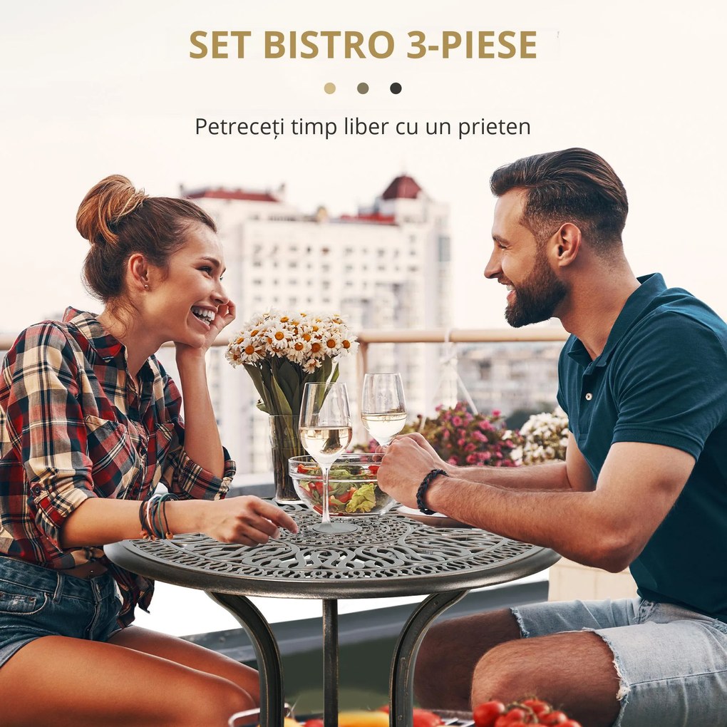 Outsunny Set Mobilier Grădină 2 Persoane 2 scaune și Masă Rotundă stil retro din aluminiu turnat, bronz | Aosom Romania