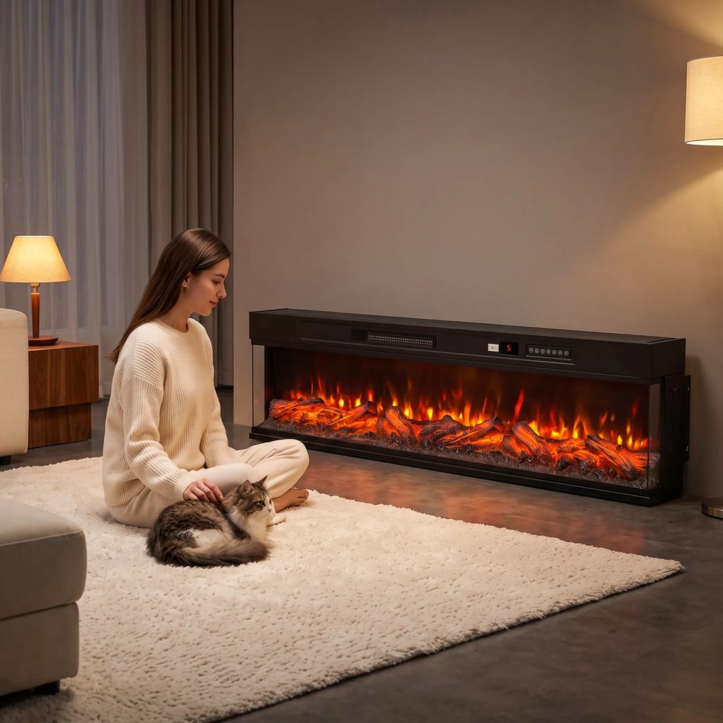 HOMCOM Șemineu electric de podea/încorporabil, pe 3 laturi, cu telecomandă, 750/1500 W, efect flacără 3D, 12 culori, 5 niveluri de luminozitate | Aosom Romania