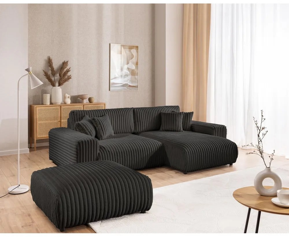 Colțar gri închis extensibil, cu spațiu de depozitare, cu tapițerie din catifea reiată (cu colț pe partea dreaptă) Sarina – Ropez