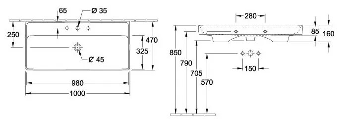 Lavoar pentru mobilier Villeroy &amp; Boch, Collaro 100 cm, TitanCeram cu orificiu pentru baterie și preaplin, alb alpin, 4A33A501