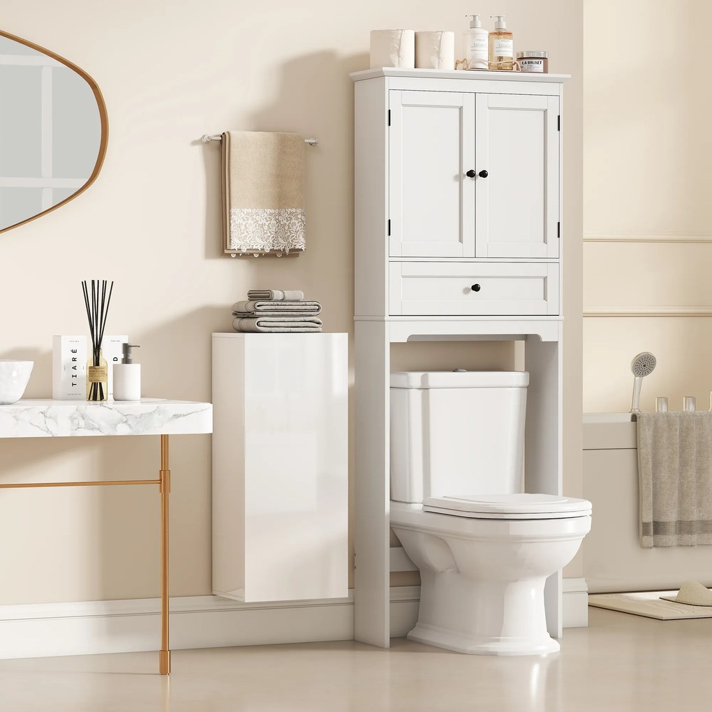 HOMCOM Dulap de Baie Suspendat cu Ușă Fără Mâner, 2 Rafturi Reglabile din Sticlă, Mobilier Suspendat Multifuncțional, 30x23,4x71,2 cm, Alb Lucios | Aosom Romania