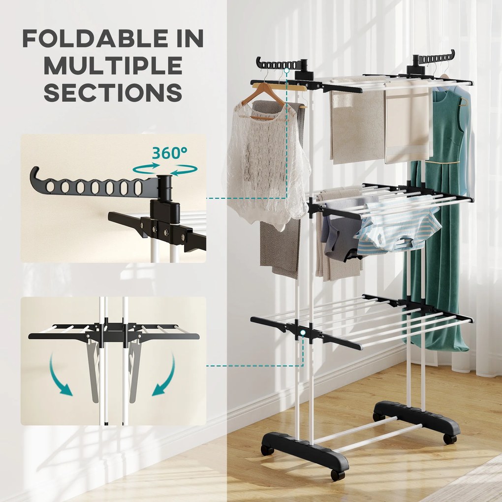 HOMCOM Uscător de Rufe Tip Turn cu 4 Niveluri, Suport pentru Uscat Rufe cu Aripi Laterale Pivotante și 4 Roți, 73x64x177 cm, Negru