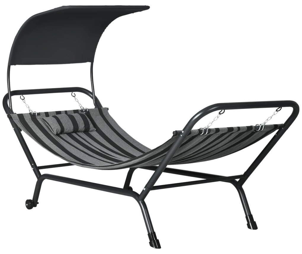Outsunny Şezlong bain de soleil transat din oțel și poliester cu acoperiș și pernă, dim. 240L x 92l x 148H cm | Aosom Romania