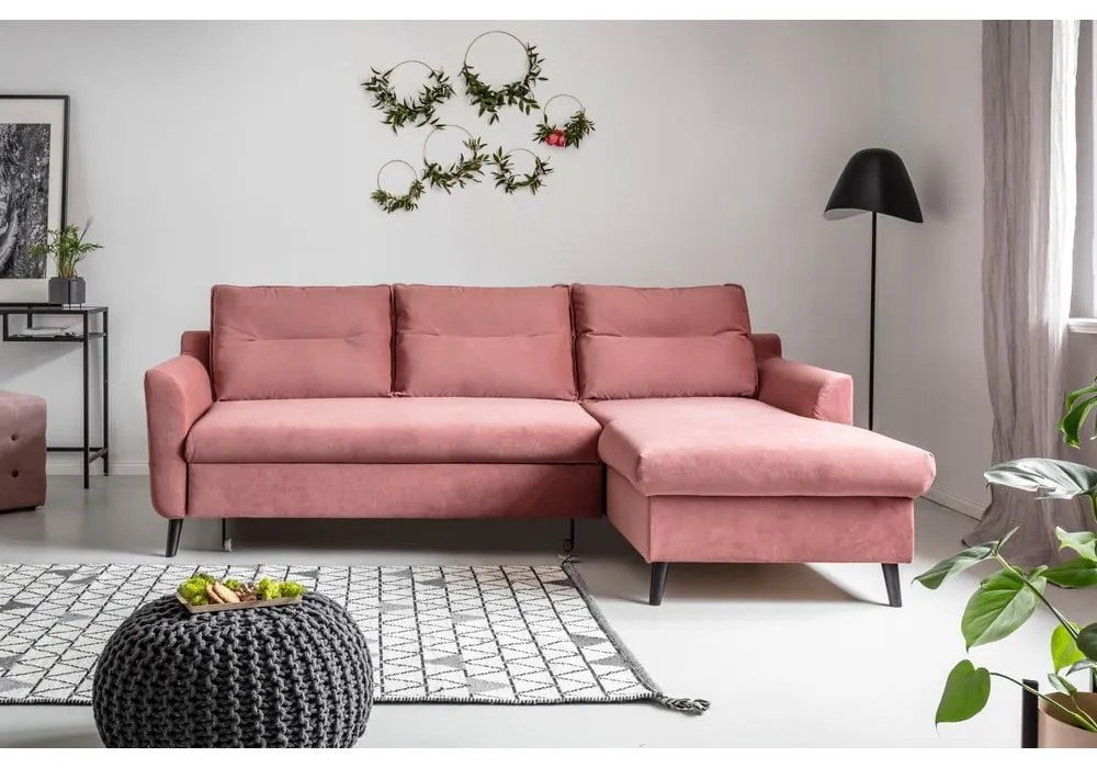 Colțar extensibil din catifea cu șezlong pe partea dreaptă Miuform Stylish Stan, roz