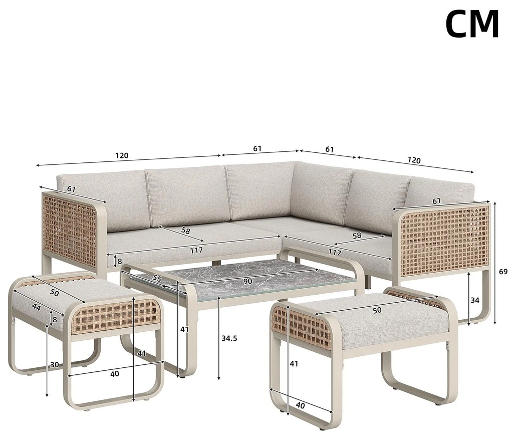 Set de lounge pentru grădină pentru 6-7 persoane, mobilier din ratan cu cadru din fier galvanizat și picioare reglabile, inclusiv perne pentru șezut și spate, Bej