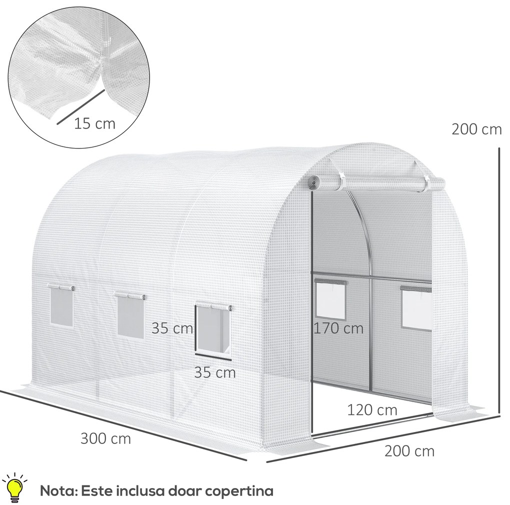 Outsunny Folie pentru Seră cu 12 Ferestre, Ușă Rulabilă și Margini Îngropate, 3x2x2 m, Alb | Aosom Romania