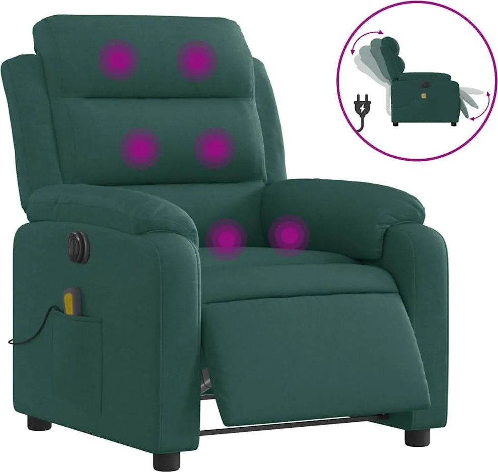 vidaXL Fotoliu electric de masaj rabatabil, verde închis, textil