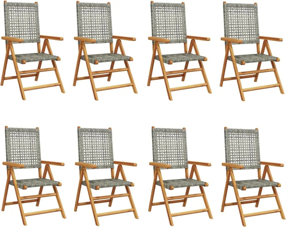 vidaXL Scaune de grădină rabatabile 8 buc. gri, poliratan/lemn masiv