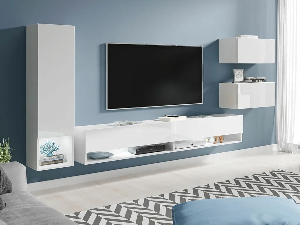 Camera de zi Sarasota 124Alb lucios, Alb, Părți separate, Cu comodă TV, PAL laminat, 130x33cm, 71 kg