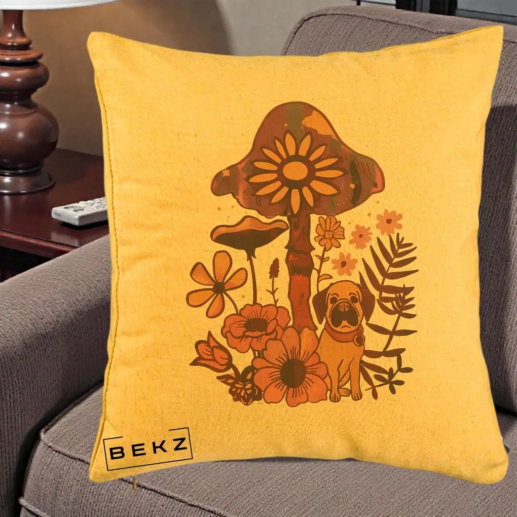 Perna Decorativa Ciuperca Caine Boho, 40x40 cm, Galben, Husa Detasabila, Perna Inclusa, BEKZ®
