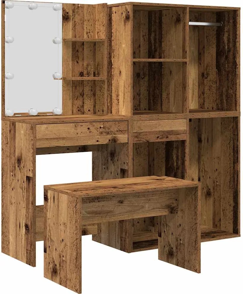 vidaXL Set de măsuță de toaletă cu LED Lemn vechi din lemn lemnos