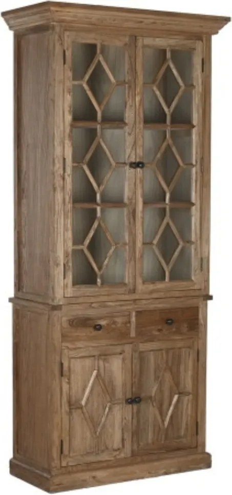 Bufet vitrină din lemn de ulm reciclat, natur, cu 2 uși vitrate, 2 uși închise, 2 sertare și 3 rafturi, finisaj natural, 220 x 100 x 45 cm, „Elmwood”