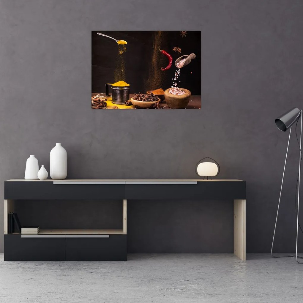 Tablou pe sticlă - Condimente în mișcare (70x50 cm)