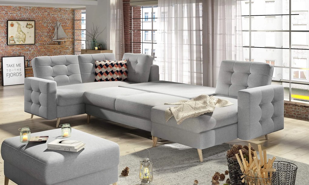Coltar extensibil U cu lada de depozitare Asgard Pink Velvet 320x202/1