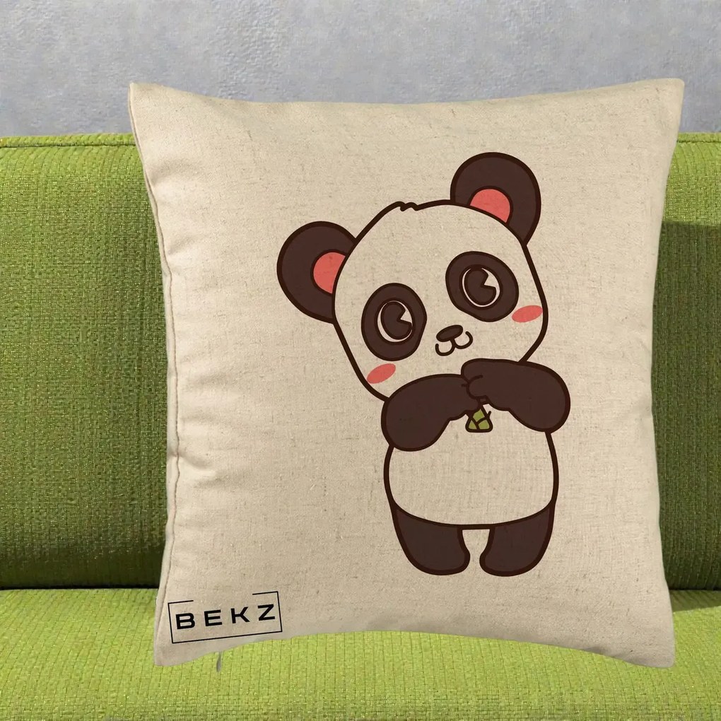 Perna Personalizata Panda Kawaii cu Bambus, 40x40 cm, Bej, Husa Detasabila, Perna Inclusa, BEKZ®