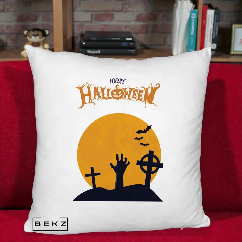 Perna Decorativa Happy Halloween Cimitir cu Luna, 40x40 cm, Alb Pufos, Husa Detasabila, Perna Inclusa, BEKZ®